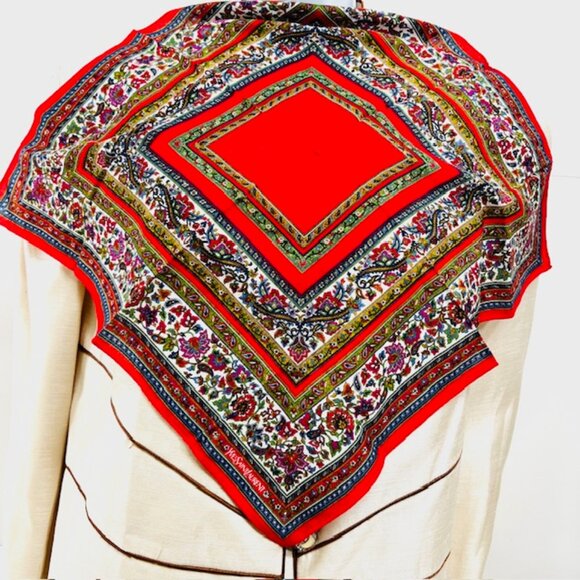 Unused  Yves Saint Laurent Cotton/Silk MiniScarf/Handker Red green Floral (20 - Picture 4 of 6